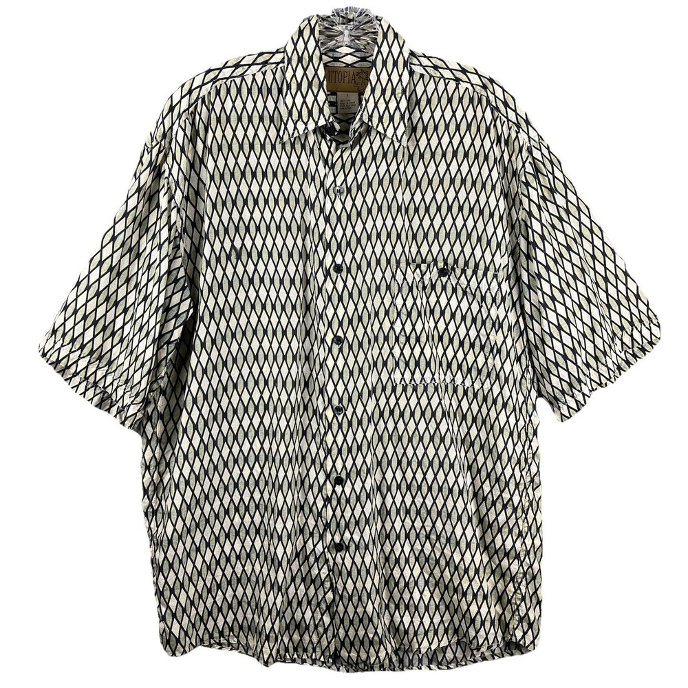VTG Utopia Washable Silk Shirt Men’s S Short Sleeve Harlequin Print Retro